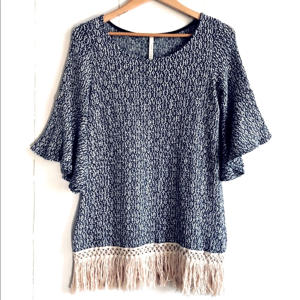 Paper Crane | Anthro Blue Tan Fringe Sweater